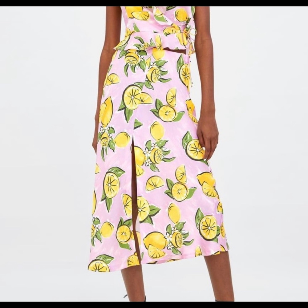 ZARA Light Pink Lemon Print Midi Skirt